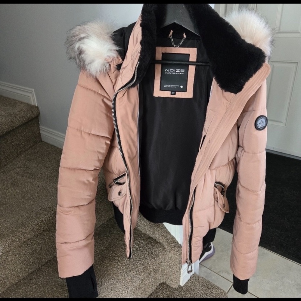 Noize Pink Bomber Jacket with Faux Fur Hood. Size Small